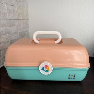 Vintage Retro Caboodles Makeup Case Organizer Peach Teal Two Tier Mirror